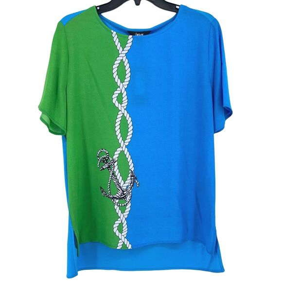 Slim Factor Nautical Anchor Rope Print Shirt Womens Sz Medium Blue Green Sailor - Picture 1 of 6